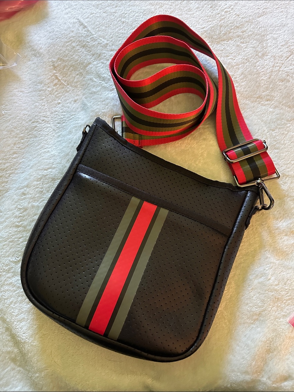 NWOT Haute Shore Blake Bello Neoprene Crossbody Bag with Red & Olive Stripes